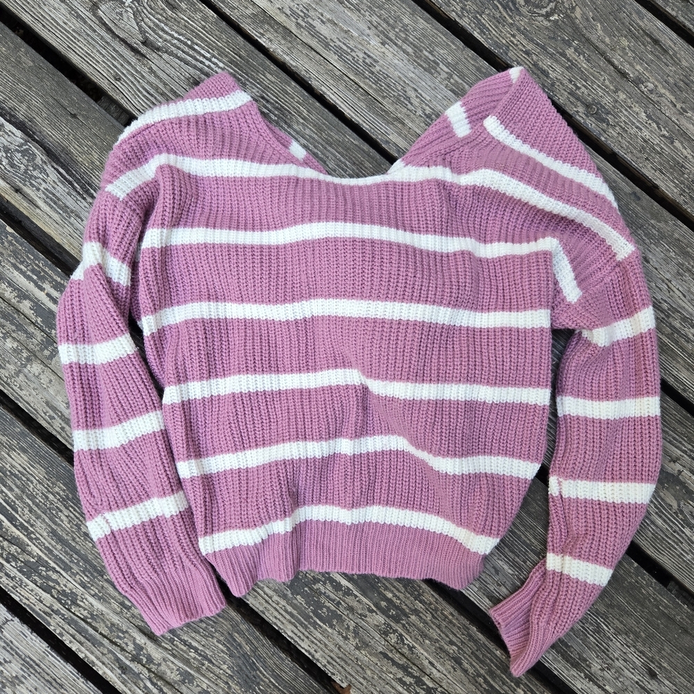 ✨️ Pink White Striped Knit Cropped Off The Shoulder Sweater